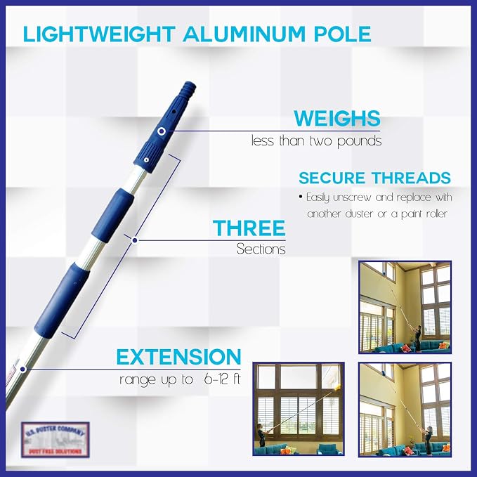 Cobweb Duster, Extendable Reach 20 feet, Ceiling Fan Duster | 3-Stage Aluminum Telescoping Pole | Medium Stiff Bristles | Long Handle Webster Duster for Cleaning | U.S Duster Co.