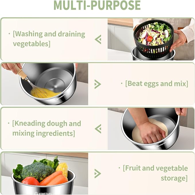 5.3QT Large Stainless Steel Salad Spinner, ASWETMEL Metal Salad Spinner with Locking Lid & Non-Slip Base, Lettuce Spinner for Washing and Drying Fruits Vegetables, Salad Dryer Spinner for Kitchen