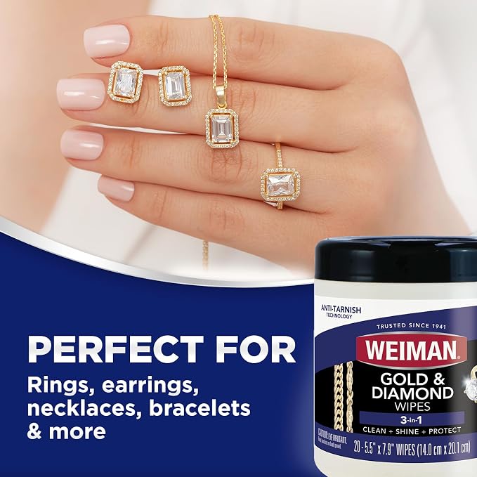 Weiman Gold & Diamond 3-in-1 Wipes - The Premium Jewelry Cleaner, Removes Tarnish and Dirt, Restores & Protect Sparkle and Shine, Easy-to-Use Wipes, Safe for Silver, Platinum, Gemstone, Titanium