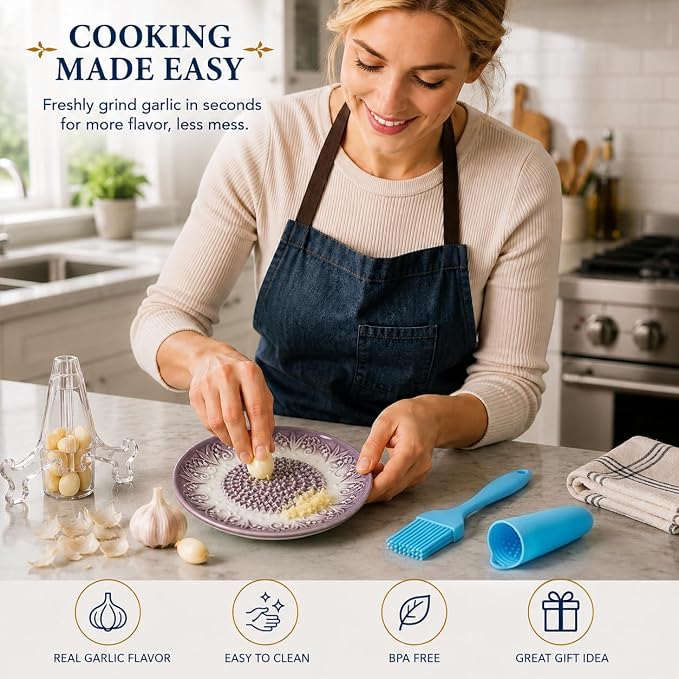 Ceramic Garlic Grater Plate Set with Rack & Cleaning Brush(Purple) | Textured ceramic surface grates garlic, ginger and tomatoes quickly; includes rack, brush and peeler for easy kitchen use