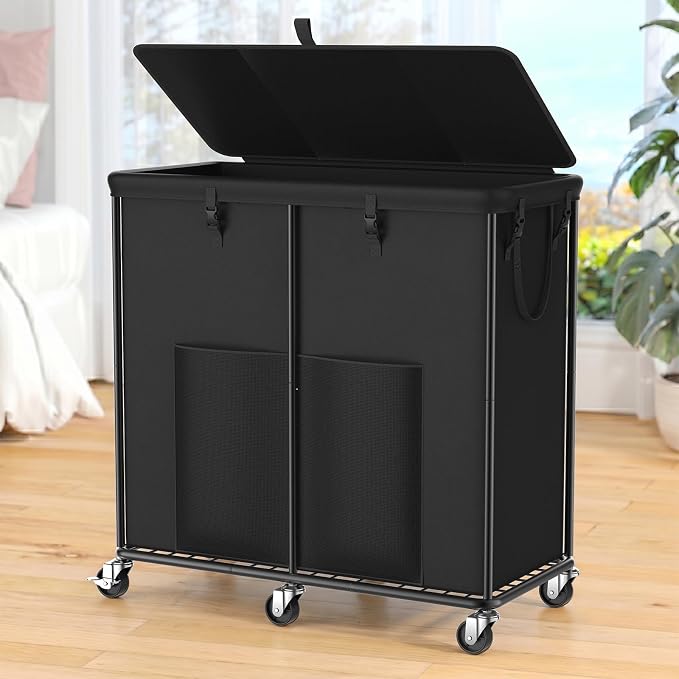 80 GAL Laundry Hamper with Lid & Wheels, Rolling Laundry Basket with Bag | Sturdy Metal Frame | Laundry Bag with Handles| Large & Tall Clothes Hampers for Laundry Room, Bedroom, Dorm, Bathroom-Black