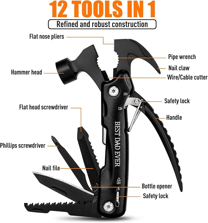 BIIB Dad Gifts, 12 in 1 Hammer Multitool, Camping Essentials Survival Tools | Stocking Stuffers for Dad Husband Grandpa, Camping Essentials Tools, Personalized Fathers Day Mens Gifts from Daughter Wife