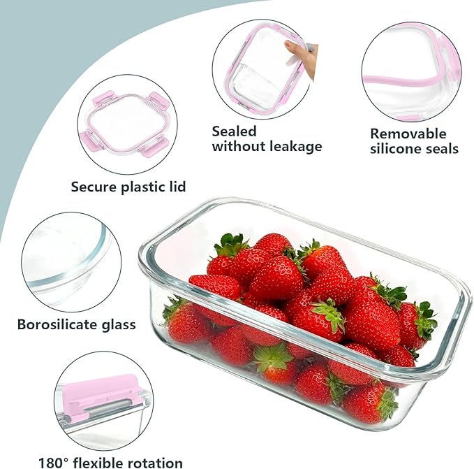 12 Pack Glass Food Storage Container Set with Lids Non Toxic, Stackable Borosilicate Glass Meal Prep Containers, Microwave, Oven, Freezer and Dishwasher Safe (Pink-12)