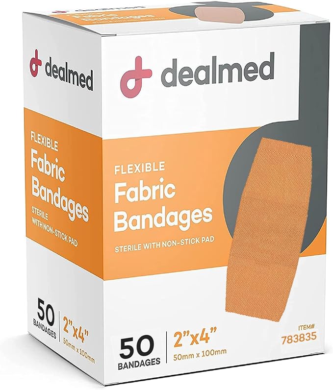 Dealmed Fabric Adhesive Bandages 2 x 4 in - Non-Stick Latex Free - 50 Count | Polyester Construction, Sterile Strips, Individually Wrapped, Flexible Material, Rectangular Shape, 702 Day Shelf Life