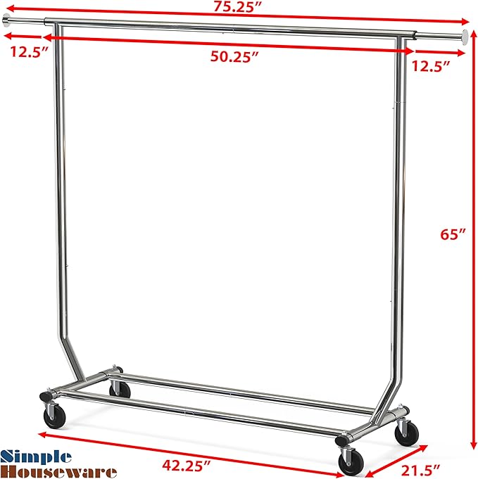 Simple Houseware Supreme Commercial Grade Clothing Garment Rack, Chrome | Holds Up to 250 lbs, Extendable Width from 50.25 to 75.25 Inches
