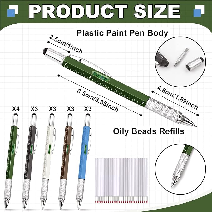Zhanmai 16 Pcs 6 in 1 Multitool Pen Bulk Gift for Men Multi Tool Ballpoint Pen with Ruler Level Screwdriver Stylus Cool 40 Ink Refill Tool Gadget Birthday Christmas Stocking Stuffers (Multicolor A)