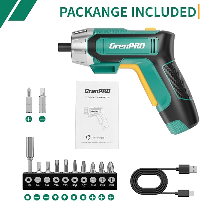 GRENPRO 4V Electric Screwdriver Rechargeable 10pcs, Cordless Screwdriver | USB Small Power Screwdriver Set with Bits, Green, Ideal for Home Repairs