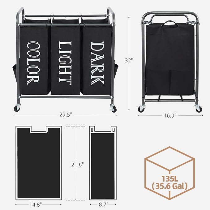 STORAGE MANIAC 3 Section Laundry Sorter, 35.6 Gal (135 L) Laundry Hamper Cart with Heavy Duty Rolling Lockable Wheels and Removable Bags, Clothes Organizer Basket Separator Hamper, Label Black