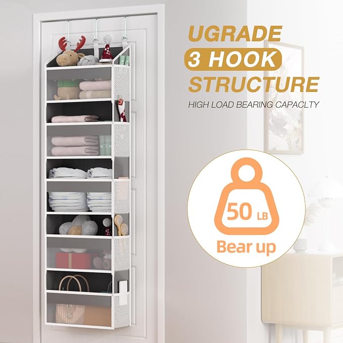 Over the Door Organizer with 5 Front & 10 MeshSide Pockets, 50LB Capacity Extra Large Nursery & Bathroom Hanging Storage Organizer Multi-Room Space-Saving Designwith 3 Hook for Kitchen, Pantry,Grey