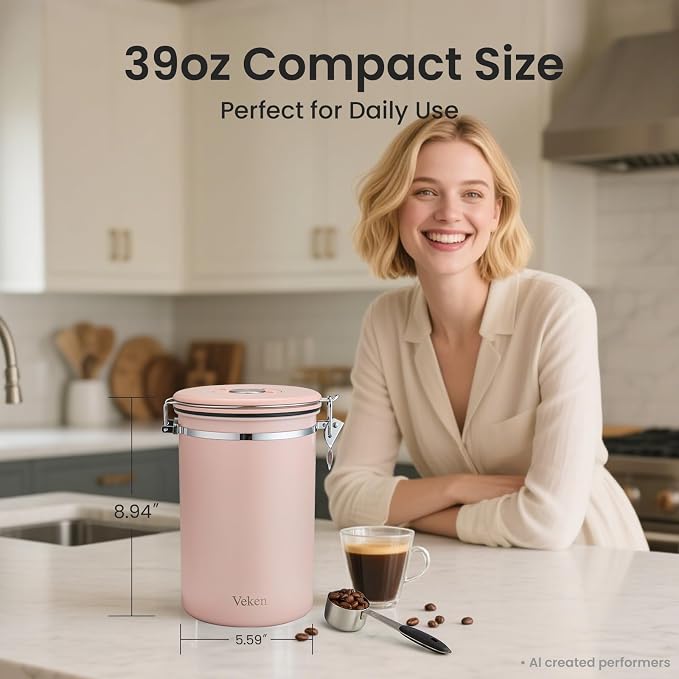 Veken Coffee Canister, 39OZ Large, Airtight Stainless Steel Food Storage Container for 2.2lbs Coffee Beans, Ground, Sugar, Tea, Cookie,Flour, Kitchen Bar Accessories with Date Tracker & Scoop, Pink