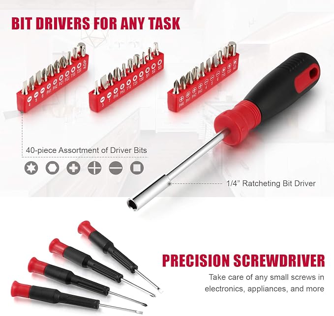 Eastvolt 128-Piece Home Repair Tool Set, Tool Sets for Homeowners, General Household Hand Tool Set with Storage Toolbox, EVHT12801, Black + Red (ASK01) (Pack of 5)