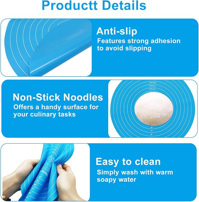 12 Inch Round Silicone Cake Mat with Measurements, Non-Stick Baking Mat for Cake Turntable, Dough Rolling, Cookies & Pizza, Heat Resistant Reusable Pastry Pad(Blue)