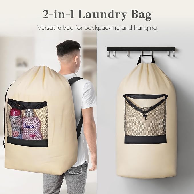 Lifewit Laundry Bag Backpack Travel, 105L, Khaki | Extra Large Bag with Shoulder Straps and Mesh Pocket for Laundromat, Heavy Duty Basket for Dirty Cloth College Dorm Apartment