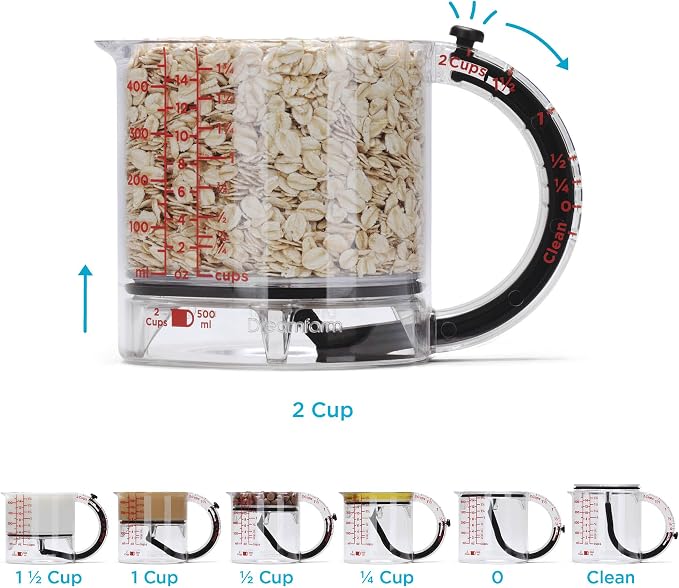 Dreamfarm Big Upcup All-in-1 Adjustable Measuring Cup - 2 Cup | Measures dry and liquid ingredients and scrapes itself clean, easy-to-read metric and imperial measurements, microwave safe