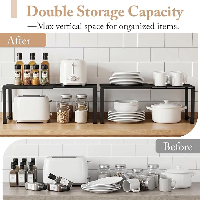 Extendable Metal Wire Shelf Organizer - Adjustable 15-24.4in Length, Stackable Storage Rack for Kitchen/Pantry/Bathroom/Shoe Cabinet/Tool Closet (Cream, 4 Pack)