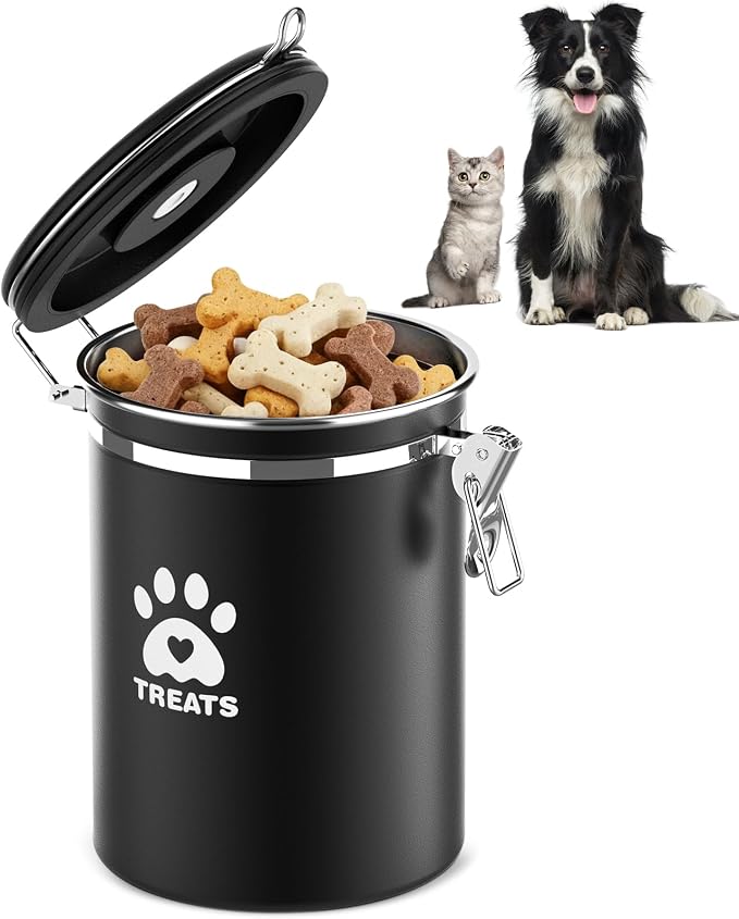 ENONCI Dog Treat Container Airtight- 7.2"x4.7" Large Stainless Steel Cat Treat Jar for Kitchen Counter with Scoop, Pet Storage for Fresh Dog Cookie