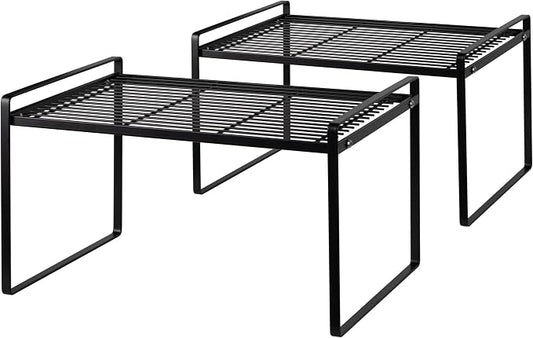 Shantton 2Pack Kitchen Cabinet Shelf Counter Organizer Rack Pantry Storage Bathroom Bedroom Office Table Desk Space Saving Stackable Rust Resistant Non Slip Black Tall Wide L16.1in W10.6in H9.5in