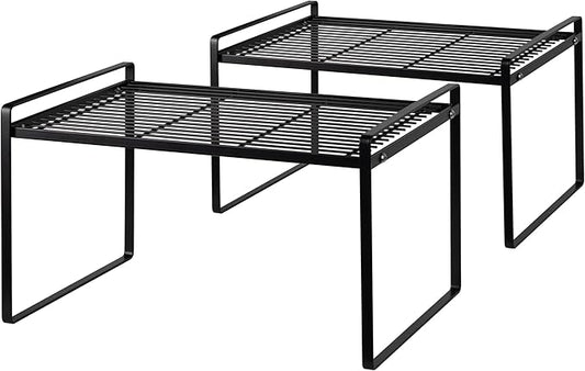 Shantton 2Pack Kitchen Cabinet Shelf Counter Organizer Rack Pantry Storage Bathroom Bedroom Office Table Desk Space Saving Stackable Rust Resistant Non Slip Black Tall Wide L13.1in W10.6in H9.5in