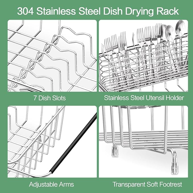 Large Sink Dish Drying Rack, Expandable 304 Stainless Steel Metal Dish Drainer Rack Organizer Shelves with Stainless Steel Utensil Holder Over Inside Sink, Rustproof