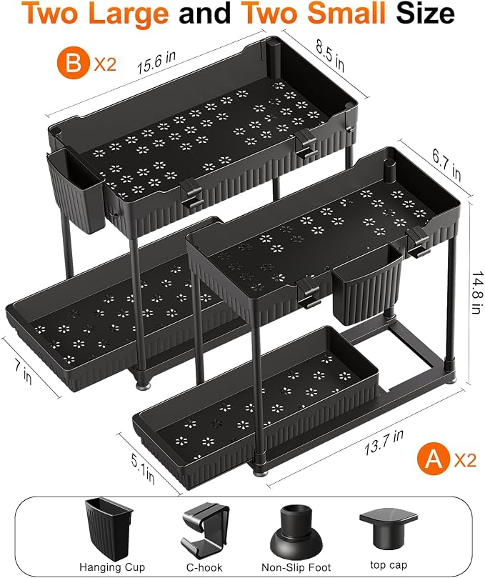 Sevenblue Under Sink Organizer, Bathroom Organizers and Storage, 2 Tier Multi-Use Pull Out Cabinet Organizer with Hang Hooks and Cups (Black, 14.8 Inch)