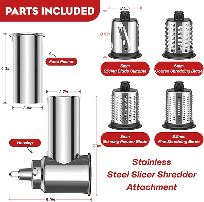 Stainless Steel Cheese Grater for Kitchenaid Mixer, For Kitchenaid Cheese Grater Attachment, Salad Maker, Grinding Powder, Dishwasher Safe with 4 Blades