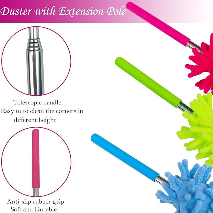 M-Jump 3 Pack Retractable Long-Reach Washable Duster for Cleaning, Microfiber Hand Duster Brush with Telescoping Pole for Cleaning Car, Window, Furniture, Office