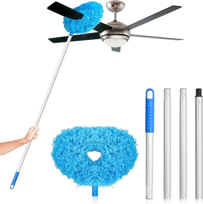 FONUNO Ceiling Fan Cleaner Duster High Ceiling Extended Fan Blade Cleaner | Reusable Microfiber Ceiling Fan Duster with Extension Handle from 13 to 50 Inch for Furniture Bookshelves Wall Door, Blue
