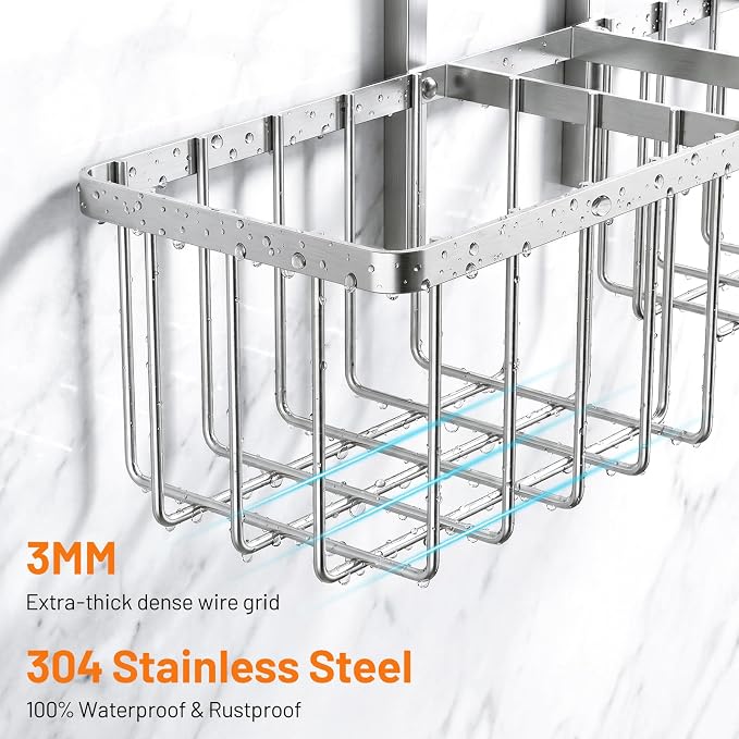 Luxspire Shower Caddy Hanging over Shower Head,Rustproof Adjustable Shower Rack Hanging No Drill,Thickened Stainless Steel Shower Organizer and Storage for Inside Shower with Hook Soap Holder,Silver
