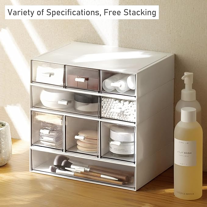 Desk Drawer Organizer, Stackable Storage Drawers, Plastic Compact Desk Storage Box Great for Office School Home Small Space - Large 3 Drawers (White)