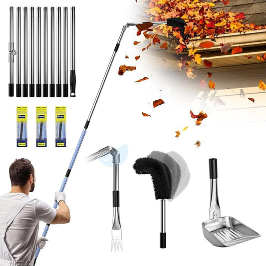 13ft Gutter Cleaning Tools from Ground, No Ladder Needed, 3-in-1 Gutter Cleaner Pole with Replaceable Brush Shovel Scraper, 180° Adjustable Angle for Leaves & Debris Cleaning with Grip Tapes