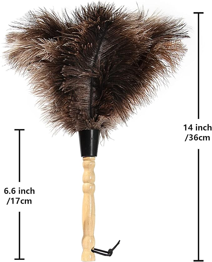 Ostrich Feather Duster 14 inch Feather Duster Fluffy Natural Genuine Ostrich Feathers with Wooden Handle and Eco-Friendly Reusable Handheld Ostrich Feather Duster for Cleaning Supplies