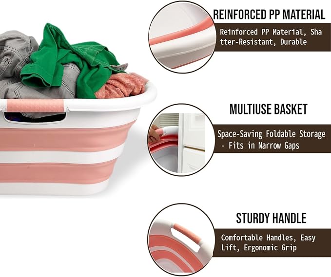 SAMMART 40L (10.5 gallon) Collapsible Plastic Laundry Hamper - Foldable Pop Up Storage Container/Organizer - Portable Washing Tub - Space Saving Basket (1, White/Quartz Pink)