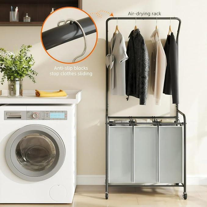 ROMOON Laundry Sorter Hamper with Hanging Bar, 3 Section Laundry Cart | Rolling Laundry Basket Organizer with Clothes Rack & Heavy-Duty Lockable Wheels for Apartment, Dorm, Small Spaces, 135L, Grey