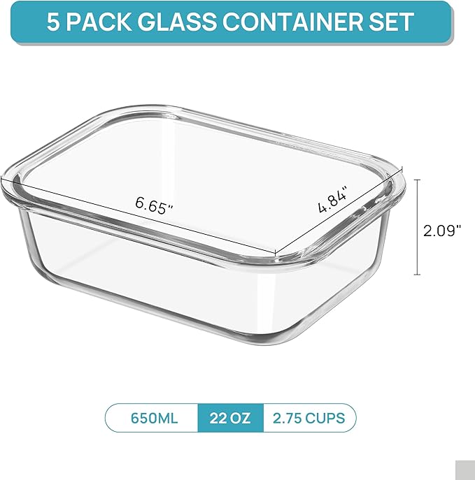 Vtopmart 5Pack 22oz Glass Storage Containers with Lids, Glass Meal Prep Food Container Sets with Snap Airtight Lid for Microwave, Oven, Freezer and Dishwasher, Green
