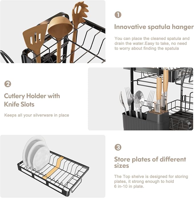 BOOSINY 2 Tier Dish Drying Racks for Kitchen Counter with Utensil Holder | Space Saving Black Stainless Steel Dish Drainer with Drainboard & Cups Holder for Small Space, Rust Proof, Auto Drain