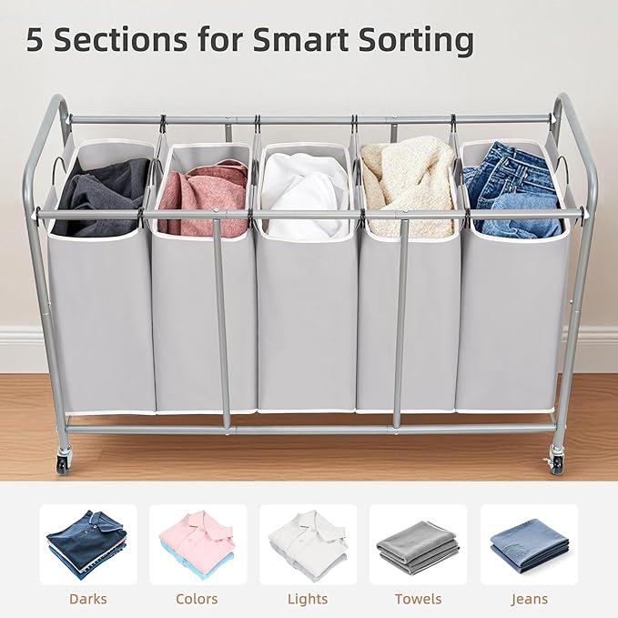 STORAGE MANIAC 5 Section Laundry Sorter, 5 Bins Rolling Separator Laundry Basket, Dirty Clothes Hamper Divider with Heavy Duty Lockable Wheels, Large Clothes Organizer Cart, Gray
