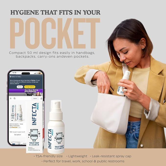 INFECTA WHITE – Toilet Spray, Travel Size Multipurpose Cleaning Spray (50 ml), All Purpose Cleaner for Toilet Seats, Bathtub, Fresh Scent, Bathroom Essentials & Mini Travel Toiletries (Pack of 1)