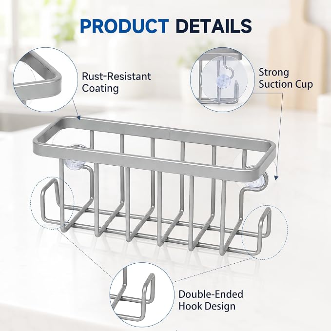 Sponge Holder for Kitchen Sink - Rustproof Coated Sink Caddy with 2 Side Hooks | Heavy Duty Suction Cup In-Sink Organizer for sponge, Scrubber & Stopper, Silver