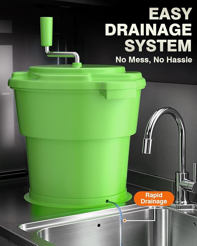 WantJoin Commercial Salad Spinner - [6 Gallon Salad Dryer] w/Silicone [Anti-slip Mat] & [Draining Hose], 24Qt Manual Salad Spinner for up to 7 Heads of Lettuce Spinner Large for Catering, Green