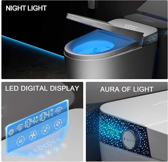 Smart Toilet with Bidet Built In, Modern Tankless Bidet Toilet with Auto Open/Close, Self-cleaning, Instant Warm Water&Dry, Heated Seat, One-Piece Toilet with Night Light, Auto Flush