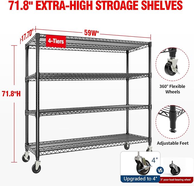 Garvee 71.8"H Metal Shelving with Wheels, 4-Tier Storage Shelves Heavy Duty | 2560LBS, Adjustable Wire Shelving Units, Rolling Steel Shelves for Garage Kitchen Industrial Pantry, 59" Wx17.7"D, Black