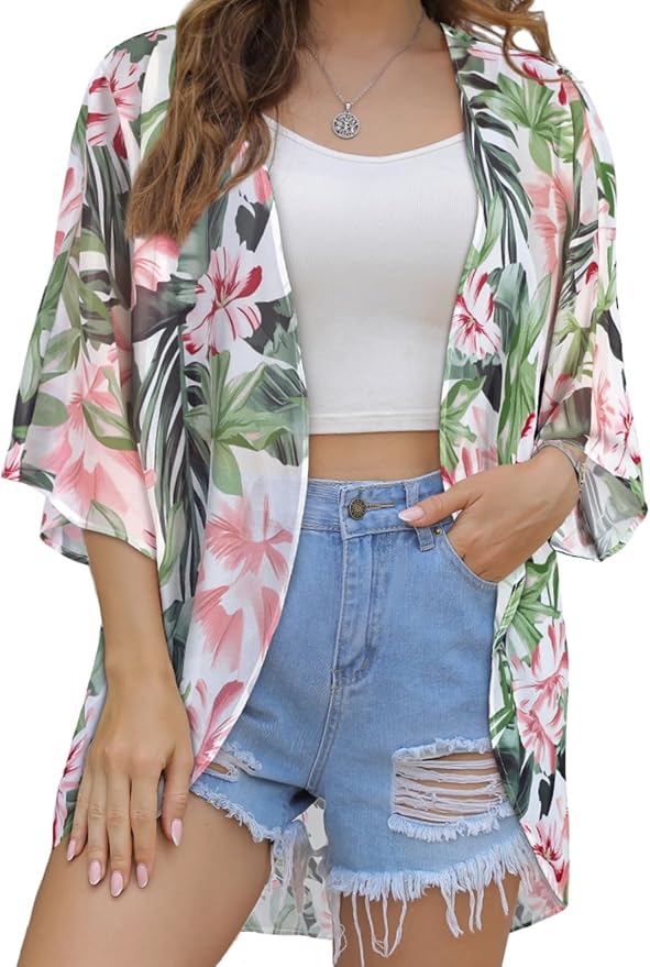 Women Kimono Cardigans Summer Cover Up Hawaiian Shirts Floral Print Tops | ROSEMIA chiffon kimono open front cardigans, beach cover ups, daily casual tops, cruise outfits, summer resort wear