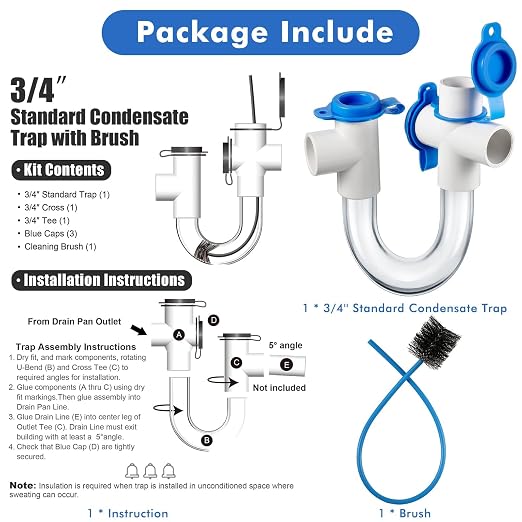 16 Pack 3/4 Inch Standard Condensate Trap with Cleaning Brush, PVC U Trap for HVAC Systems, Air Conditioner, Effectively Drains Condensate (White)