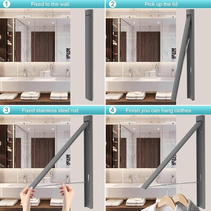 Clothes Drying Rack Folding Indoor,Laundry Room Organization,Wall Mounted Drying Racks for Laundry,Laundry Drying Rack Collapsible,Laundry Drying Rack,Retractable Clothesline (Gray)