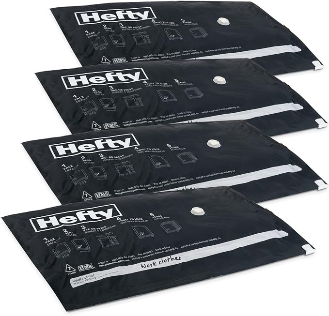 Hefty MAX Shrink-Pak Vacuum Seal Storage Bags for Clothing, Travel, Bedding | Tear & Water Resistant, Dual-Valve Space Saver Compression Bags - Large, 4-Pack