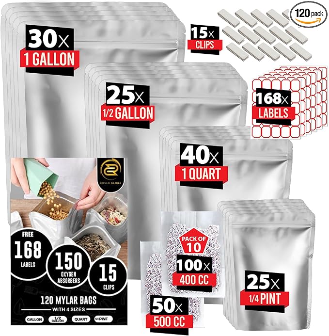 120 Mylar Bags with 150 Oxygen Absorbers-168 Labels & Stand-Up Reusable | 4 Sizes Airtight Smell Proof Resealable with 15 Clips-11 MIL Thick for Food Storage