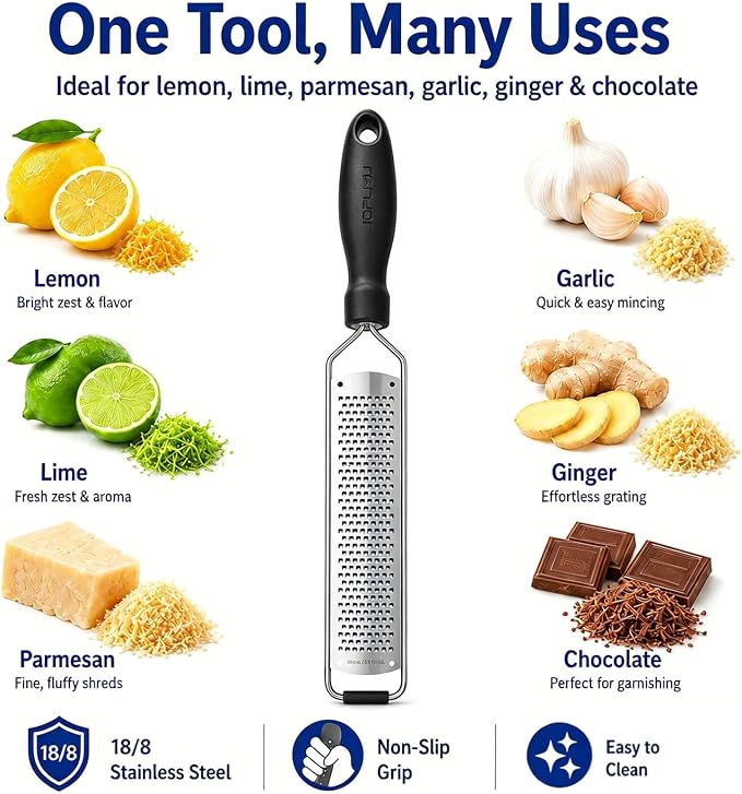 Zester Grater, Lemon Zester Grater with Handle, Premium Stainless Steel Citrus Zester for Parmesan, Garlic, Chocolate, Ginger, Non-Slip Grip, Safety Cover & Cleaning Brush, Black