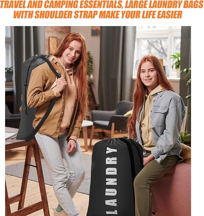 Heavy Duty Laundry Bag with Strap,2 Pack Travel Laundry Bags for Dirty Clothes,24" x 36" Large Laundry Bag for Traveling,Camping,Dorm (Black+ Gray)