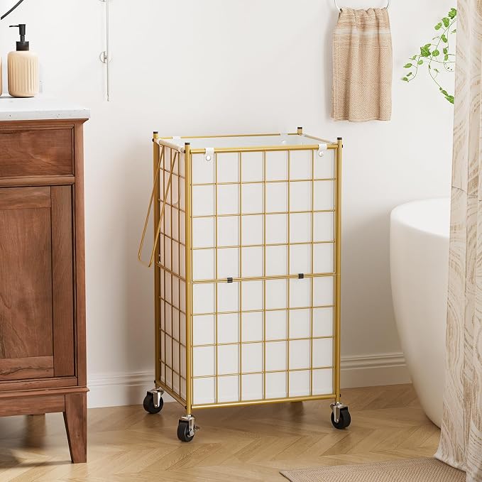 WOWLIVE Rolling Laundry Basket, Metal Wire Frame Laundry Hamper with Wheels | Gold Hamper with Removable Bag, 100L Dirty Clothes Hamper Organizer Dorm Room Storage for Bedroom, Bathroom, Golden