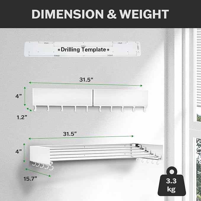 Foldable Wall Mounted Drying Rack - 31.5” Wide, 13.2 Ft Drying Space, 5 Aluminum Rods, Supports Up to 60 lbs - Retractable & Foldable Space-Saving Wall Mounted Clothes Drying Rack (White)